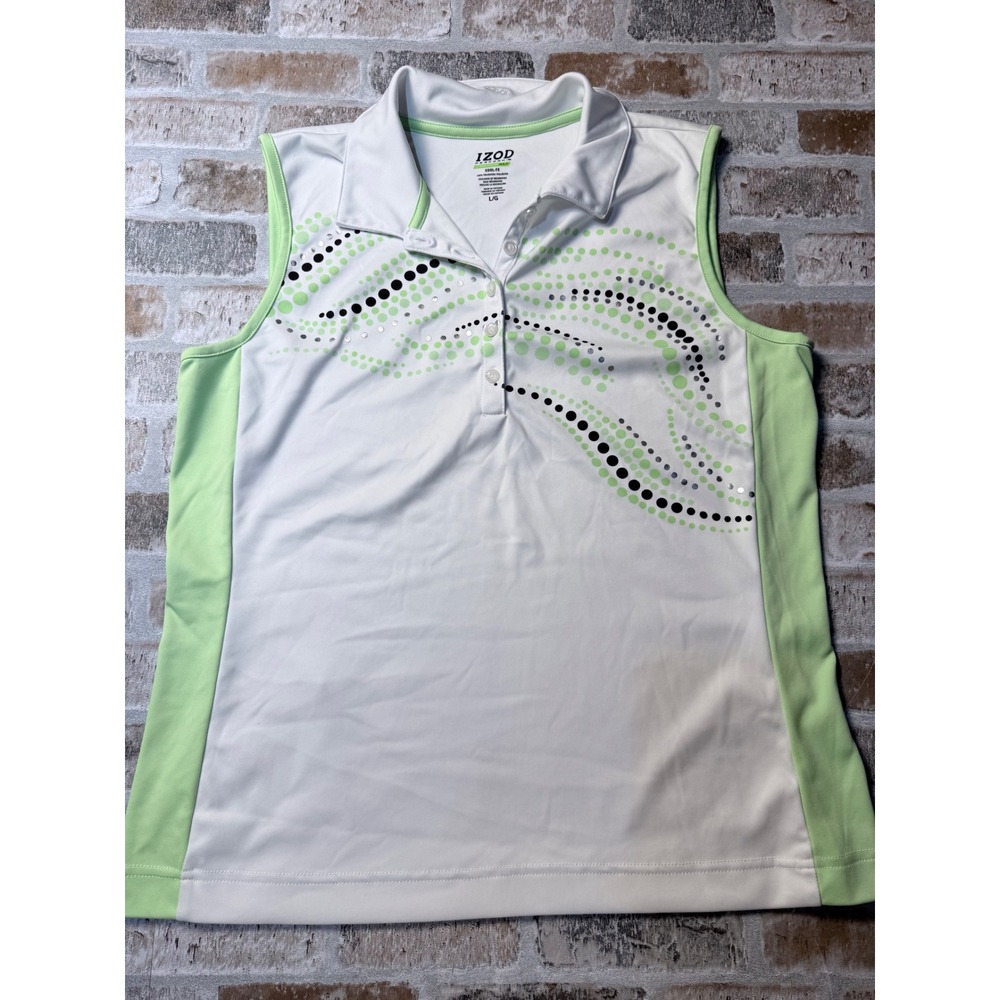 IZOD PerformX Golf Polo Womens Large White Lime Green Sleeveless Dot Print Shirt